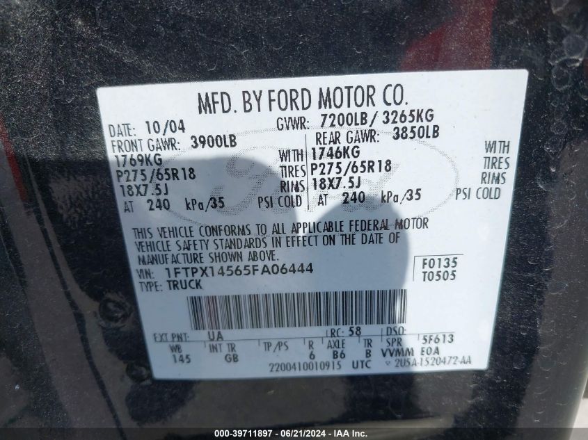 2005 Ford F-150 Fx4/Lariat/Xl/Xlt VIN: 1FTPX14565FA06444 Lot: 39711897