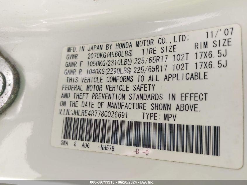 2008 Honda Cr-V Ex-L VIN: JHLRE48778C026691 Lot: 39711913
