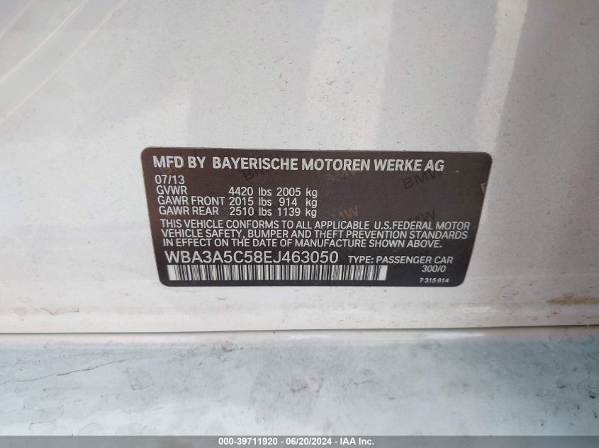 2014 BMW 328I VIN: WBA3A5C58EJ463050 Lot: 39711920