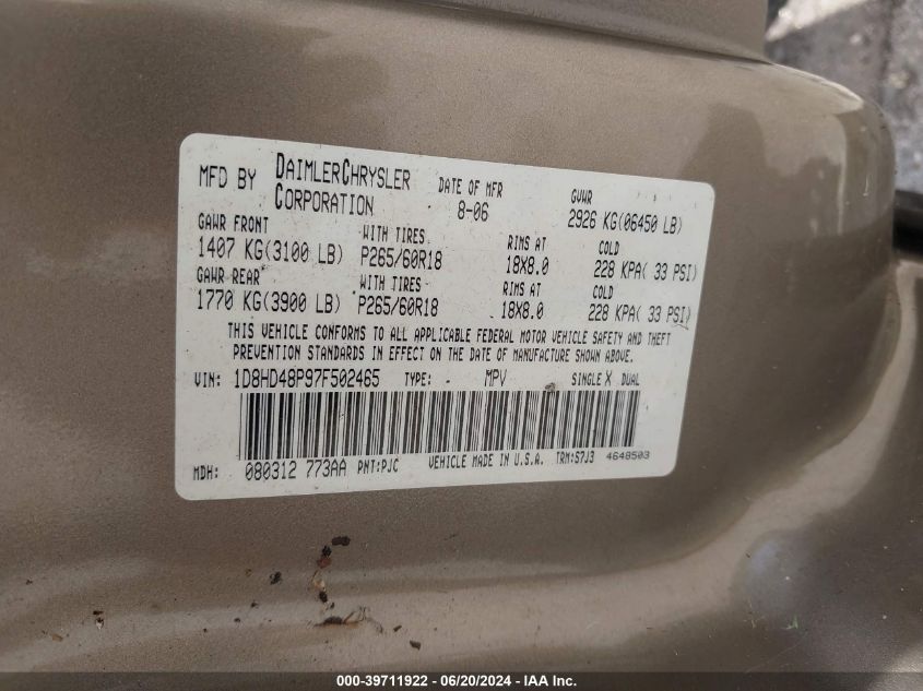 2007 Dodge Durango Slt VIN: 1D8HD48P97F502465 Lot: 39711922