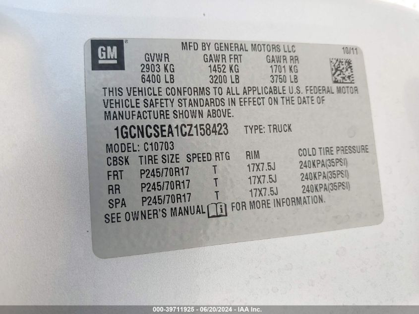 2012 Chevrolet Silverado 1500 Lt VIN: 1GCNCSEA1CZ158423 Lot: 39711925