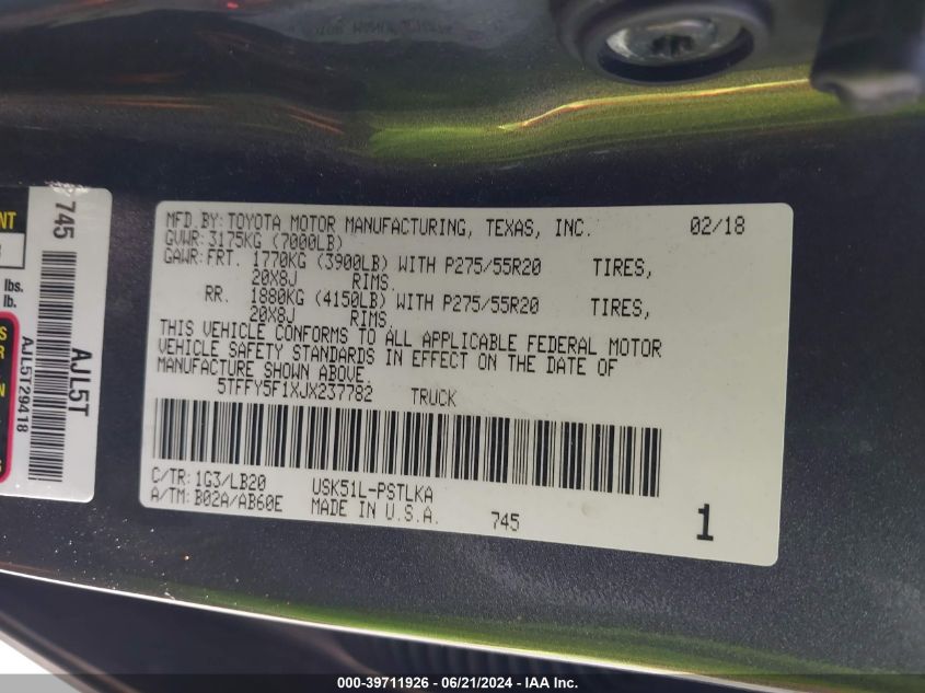 2018 Toyota Tundra Limited 5.7L V8 VIN: 5TFFY5F1XJX237782 Lot: 39711926