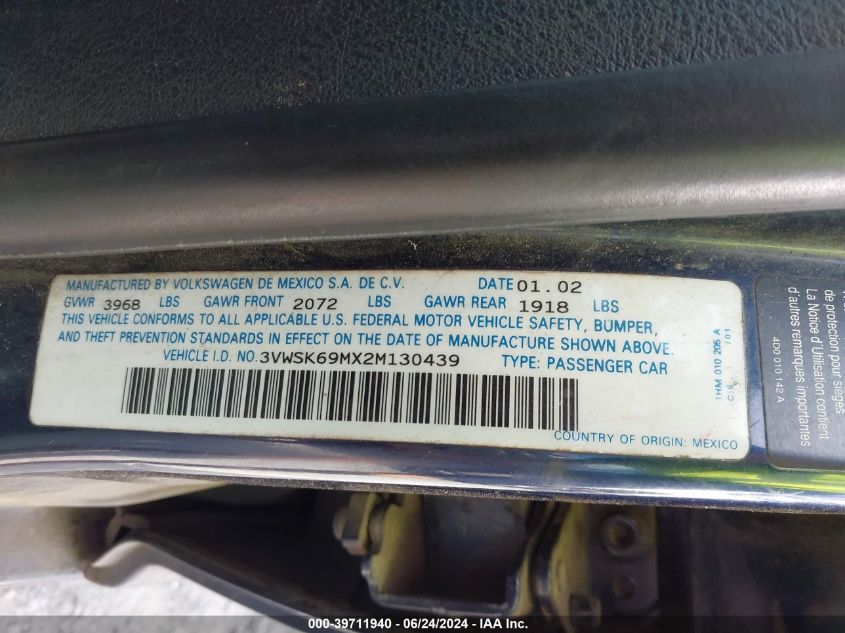 2002 Volkswagen Jetta Gls VIN: 3VWSK69MX2M130439 Lot: 39711940