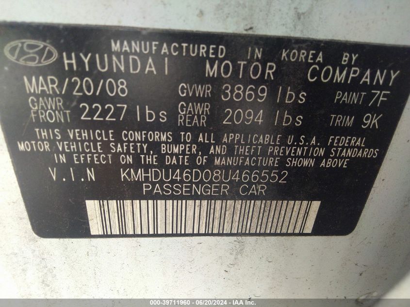 KMHDU46D08U466552 | 2008 HYUNDAI ELANTRA