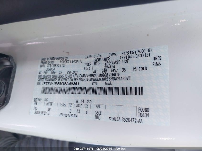 2016 Ford F-150 Platinum VIN: 1FTEW1EF6GFA99261 Lot: 39711978