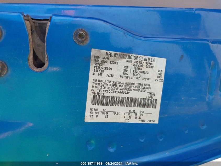 1999 Ford Ranger Xl/Xlt VIN: 1FTYR10CXXUA00339 Lot: 39711989