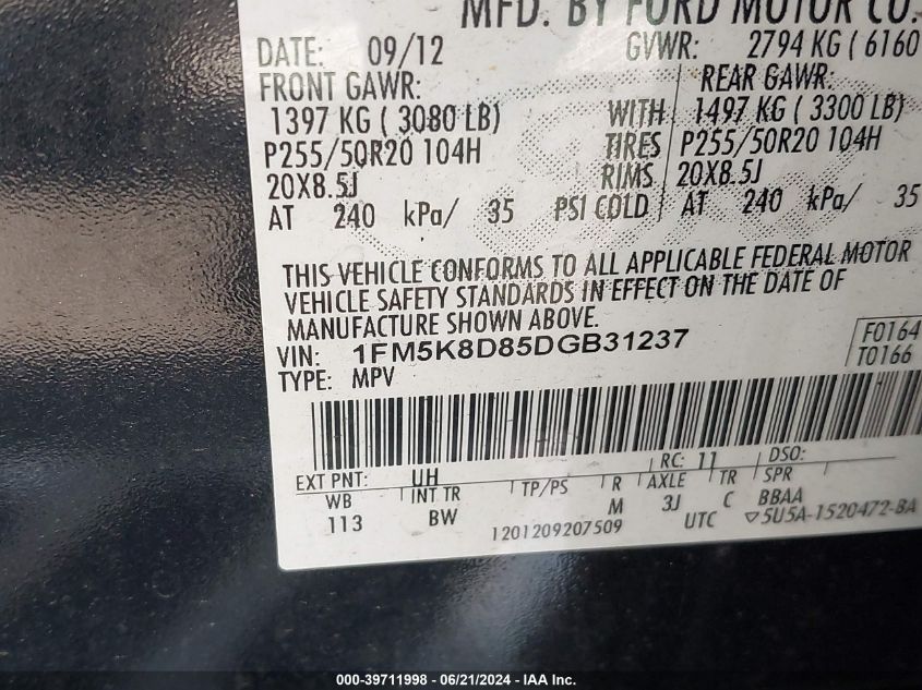 2013 Ford Explorer Xlt VIN: 1FM5K8D85DGB31237 Lot: 39711998