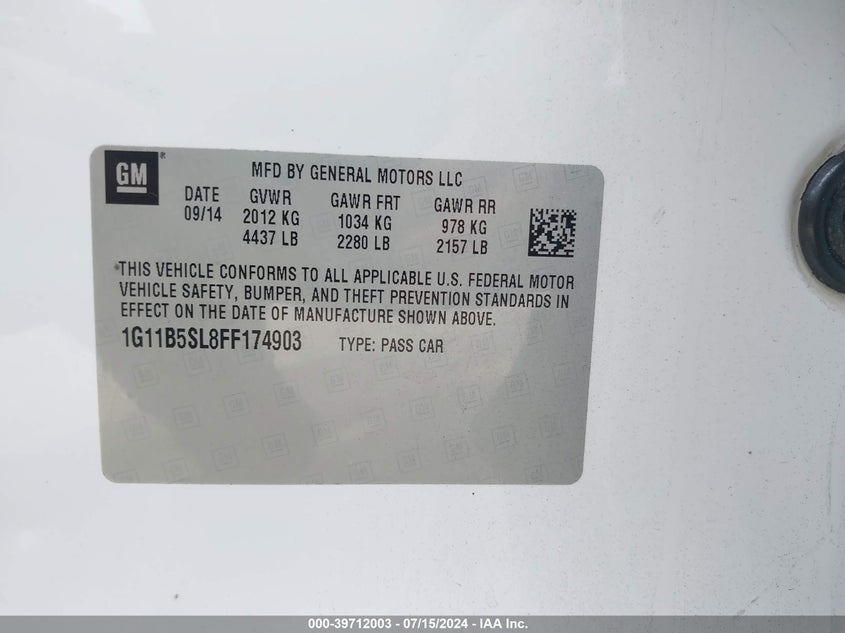 2015 Chevrolet Malibu Ls VIN: 1G11B5SL8FF174903 Lot: 39712003