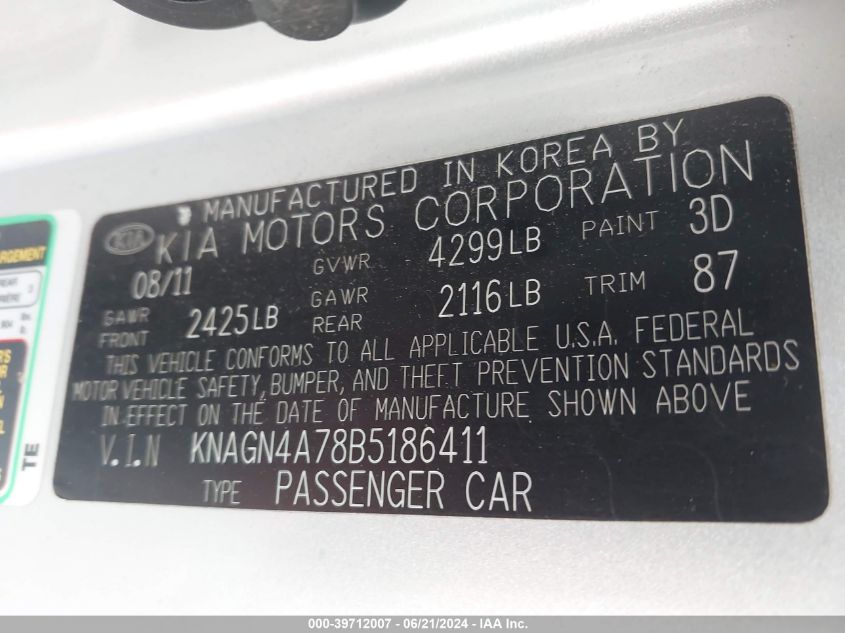 2011 Kia Optima Ex/Sx VIN: KNAGN4A78B5186411 Lot: 39712007