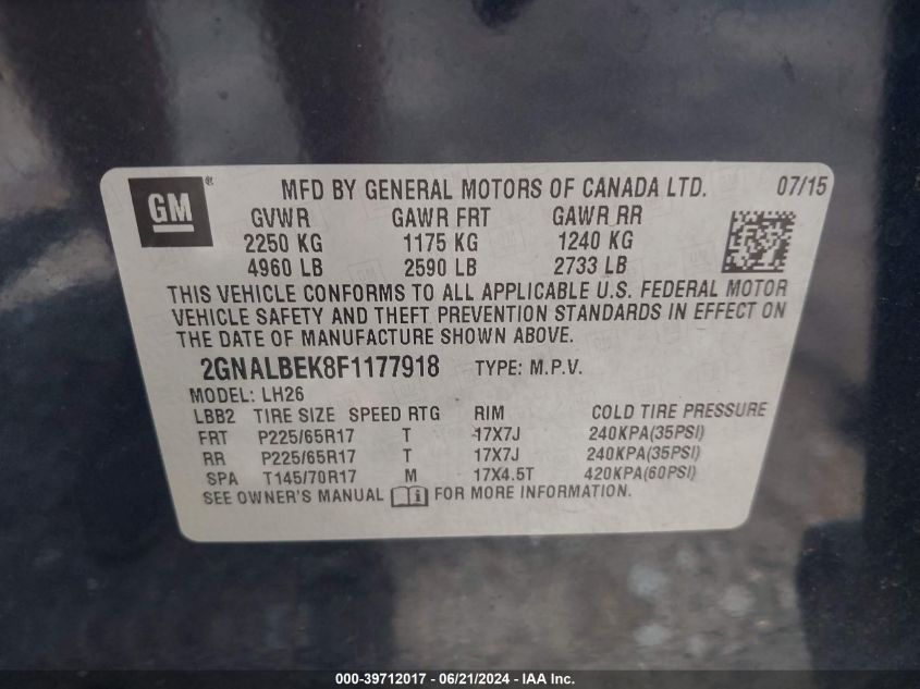 2015 Chevrolet Equinox Lt VIN: 2GNALBEK8F1177918 Lot: 39712017