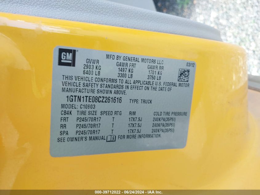 2012 GMC Sierra 1500 Work Truck VIN: 1GTN1TE08CZ261616 Lot: 39712022