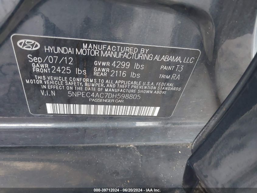 2013 Hyundai Sonata Se VIN: 5NPEC4AC7DH598805 Lot: 39712024