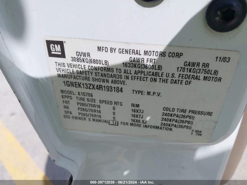 2004 Chevrolet Tahoe Ls VIN: 1GNEK13ZX4R193184 Lot: 39712038