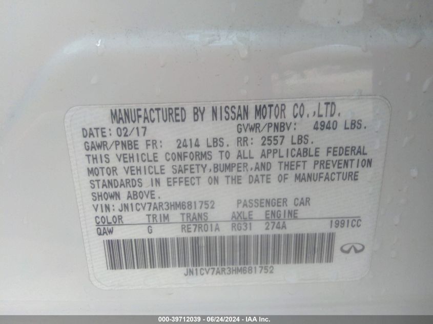 2017 Infiniti Q50 2.0T Base VIN: JN1CV7AR3HM681752 Lot: 39712039