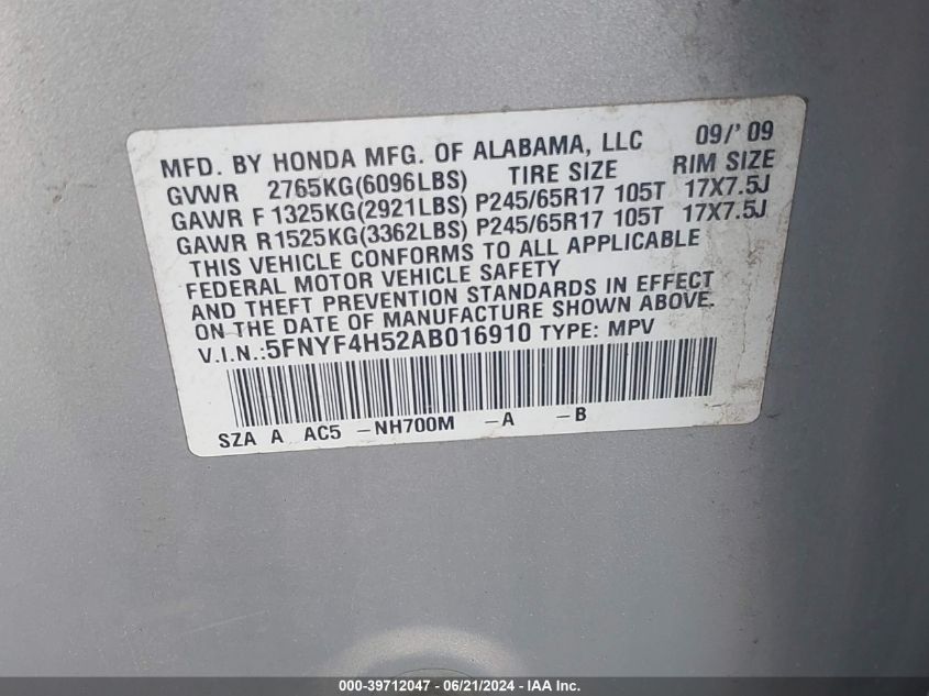 2010 Honda Pilot Ex-L VIN: 5FNYF4H52AB016910 Lot: 39712047