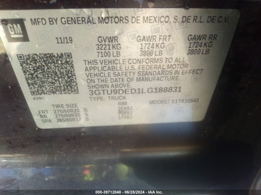 3GTU9DED1LG188831 2020 GMC Sierra 1500