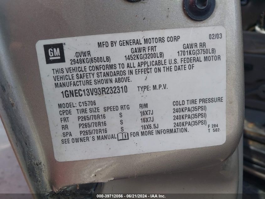 2003 Chevrolet Tahoe C1500 VIN: 1GNEC13V93R232310 Lot: 39712056