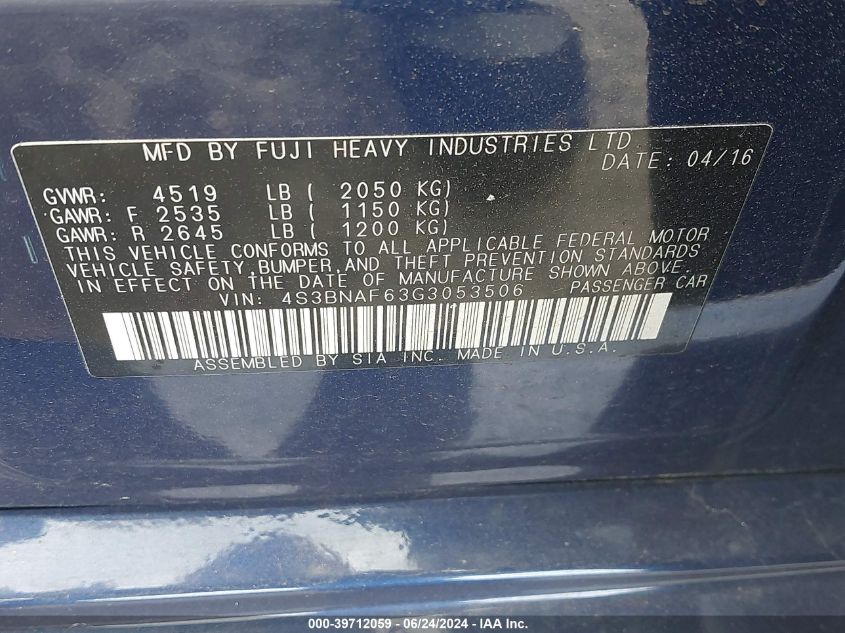 2016 Subaru Legacy 2.5I Premium VIN: 4S3BNAF63G3053506 Lot: 39712059