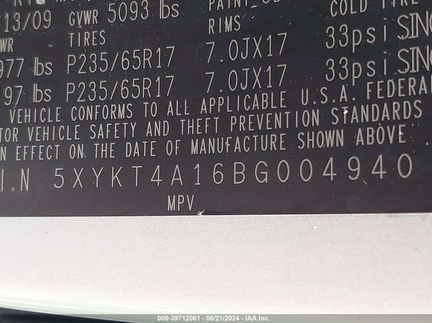 2011 Kia Sorento Lx VIN: 5XYKT4A16BG004940 Lot: 39712061