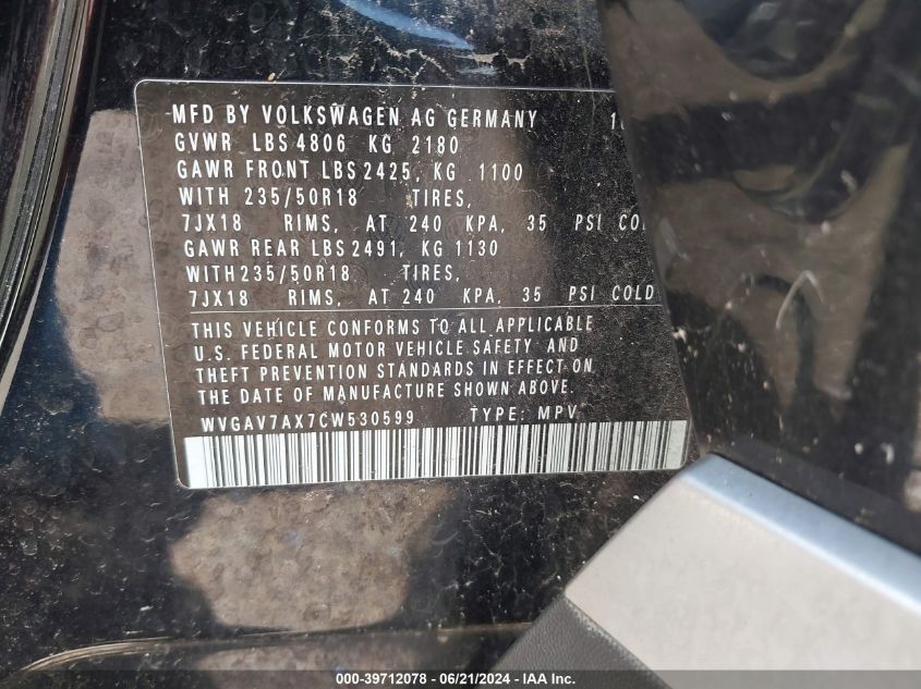 2012 Volkswagen Tiguan Se VIN: WVGAV7AX7CW530599 Lot: 39712078