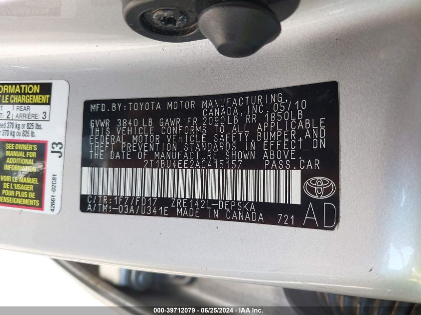 2010 Toyota Corolla S/Le/Xle VIN: 2T1BU4EE2AC415157 Lot: 39712079