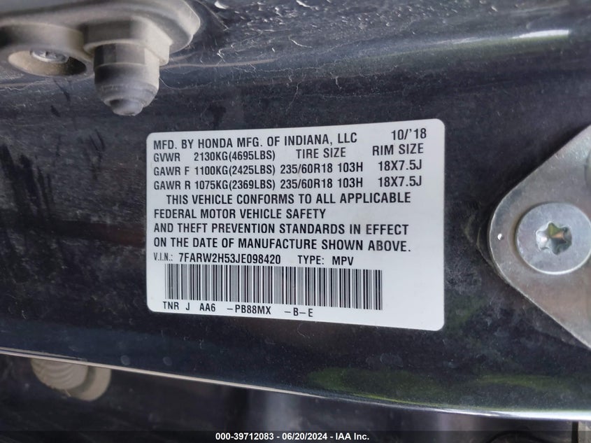 VIN 7FARW2H53JE098420 2018 HONDA CR-V EX