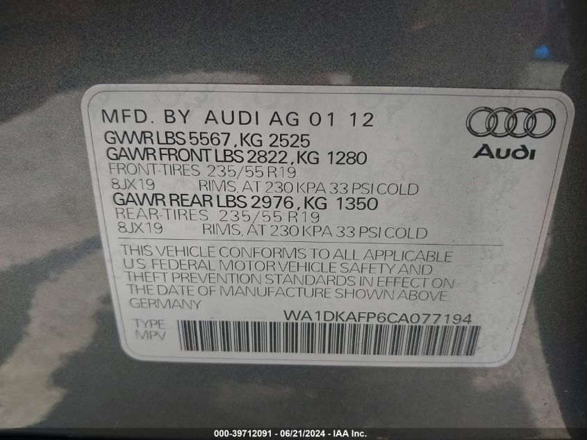 2012 Audi Q5 3.2 Premium Plus VIN: WA1DKAFP6CA077194 Lot: 39712091