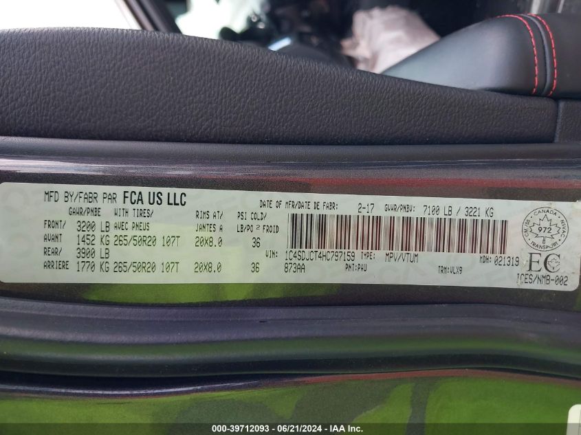 2017 Dodge Durango R/T VIN: 1C4SDJCT4HC797159 Lot: 39712093