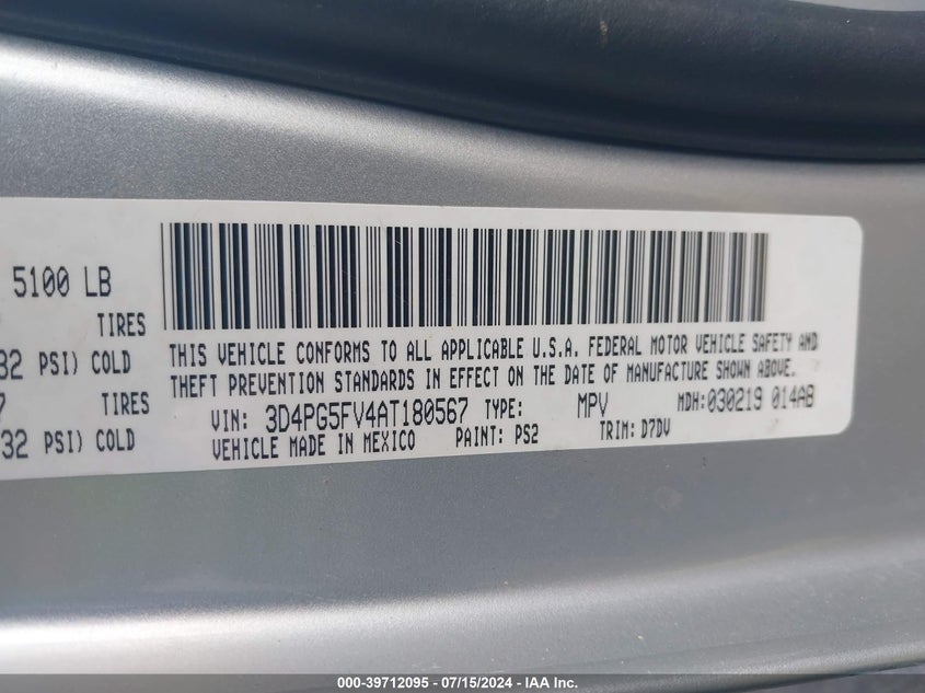 2010 Dodge Journey Sxt VIN: 3D4PG5FV4AT180567 Lot: 39712095