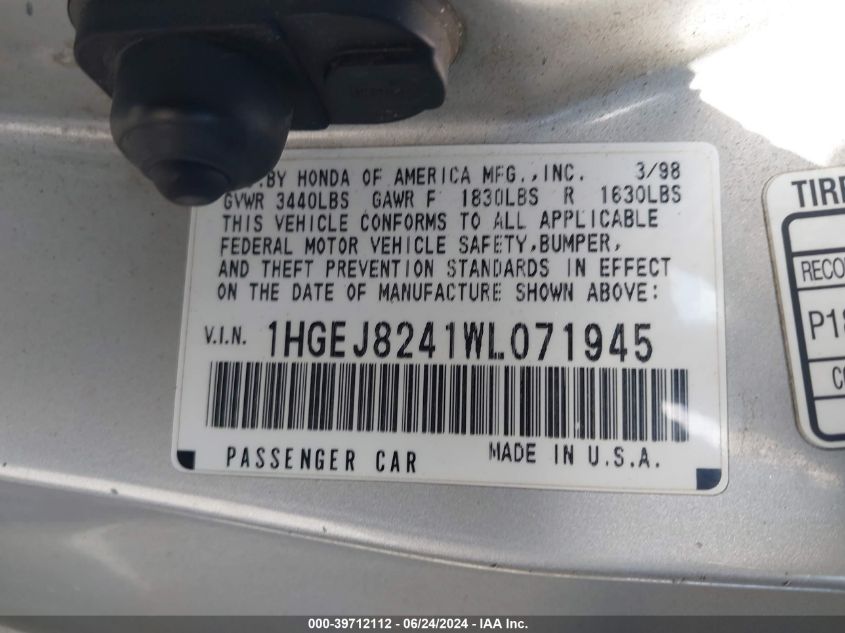 1998 Honda Civic Ex VIN: 1HGEJ8241WL071945 Lot: 39712112