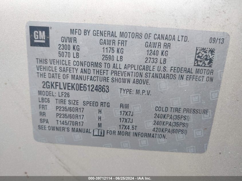 2014 GMC Terrain Sle VIN: 2GKFLVEK0E6124863 Lot: 39712114