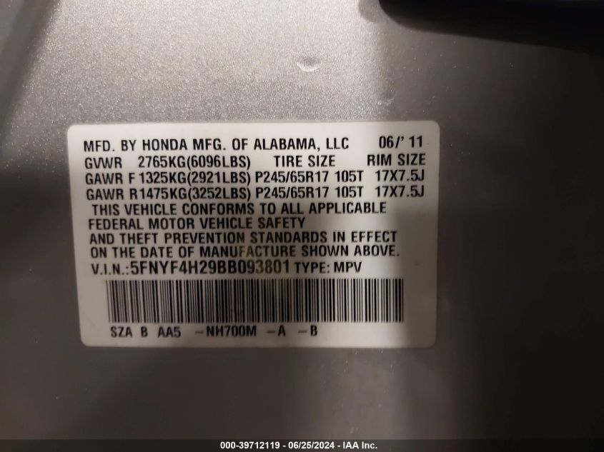 2011 Honda Pilot Lx VIN: 5FNYF4H29BB093801 Lot: 39712119