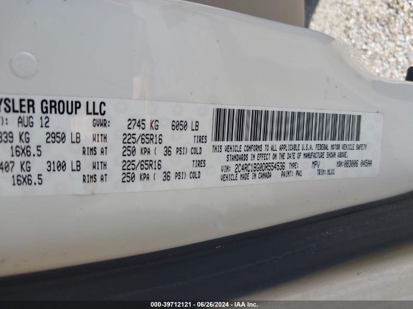 2013 Chrysler Town & Country Touring VIN: 2C4RC1BG0DR554536 Lot: 39712121