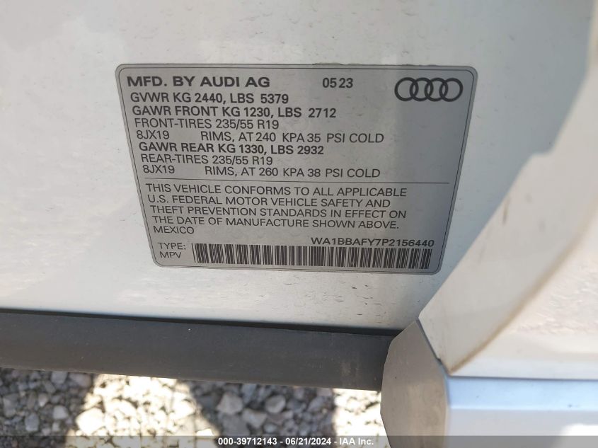 2023 Audi Q5 Premium Plus 40 Tfsi Quattro S Tronic VIN: WA1BBAFY7P2156440 Lot: 39712143