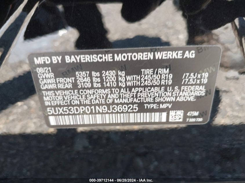2022 BMW X3 xDrive30I VIN: 5UX53DP01N9J36925 Lot: 39712144