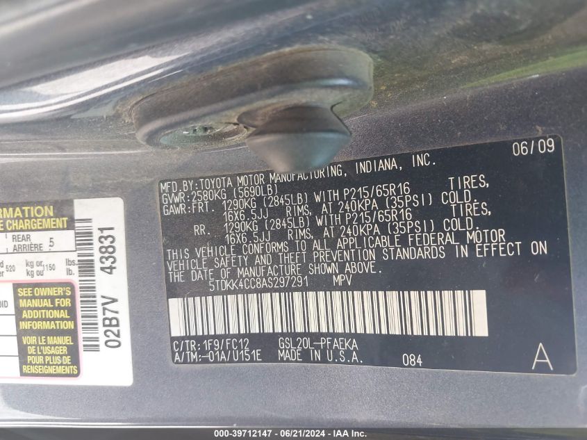 2010 Toyota Sienna Ce/Le VIN: 5TDKK4CC8AS297291 Lot: 39712147