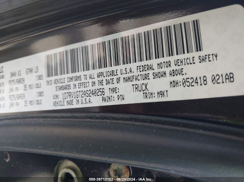 2010 Dodge Ram 1500 Slt/Sport/Trx VIN: 1D7RV1GT2AS240256 Lot: 39712152