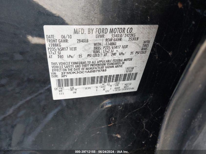 2010 Ford Edge Se VIN: 2FMDK3GC1ABB75785 Lot: 39712155