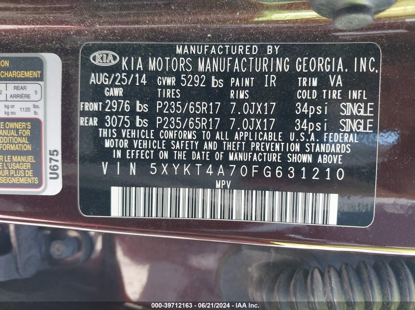 2015 Kia Sorento Lx VIN: 5XYKT4A70FG631210 Lot: 39712163