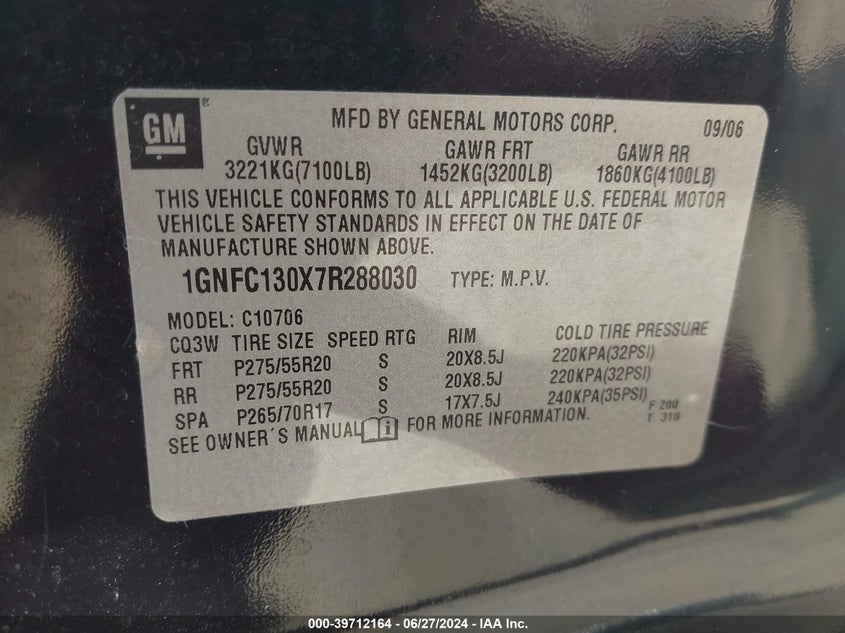 2007 Chevrolet Tahoe Lt VIN: 1GNFC130X7R288030 Lot: 39712164