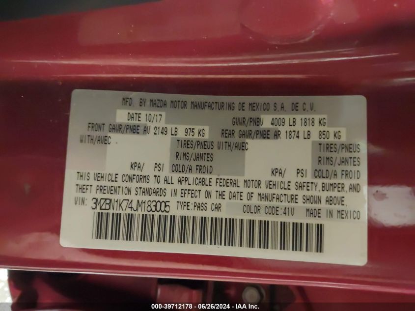 2018 Mazda Mazda3 Sport VIN: 3MZBN1K74JM183005 Lot: 39712178