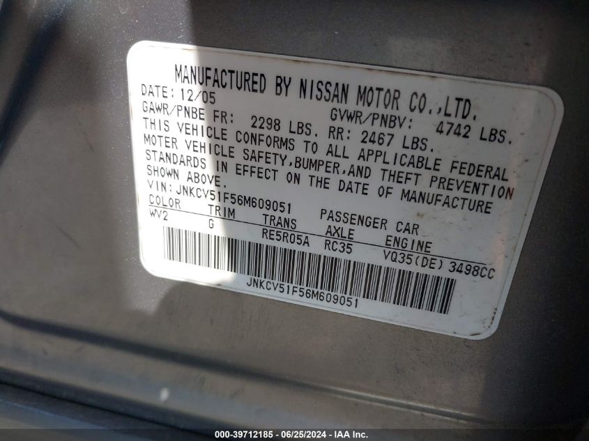 2006 Infiniti G35X VIN: JNKCV51F56M609051 Lot: 39712185