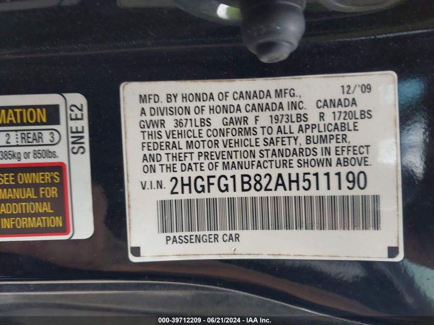 2010 Honda Civic Ex VIN: 2HGFG1B82AH511190 Lot: 39712209