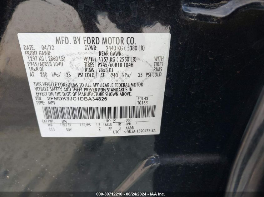 2013 Ford Edge Sel VIN: 2FMDK3JC1DBA34826 Lot: 39712210