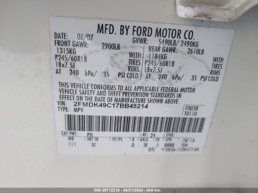 2007 Ford Edge Sel Plus VIN: 2FMDK49C17BB45214 Lot: 39712218