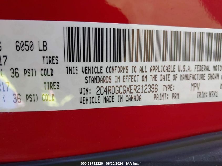 2014 Dodge Grand Caravan Sxt VIN: 2C4RDGCGXER212396 Lot: 39712220