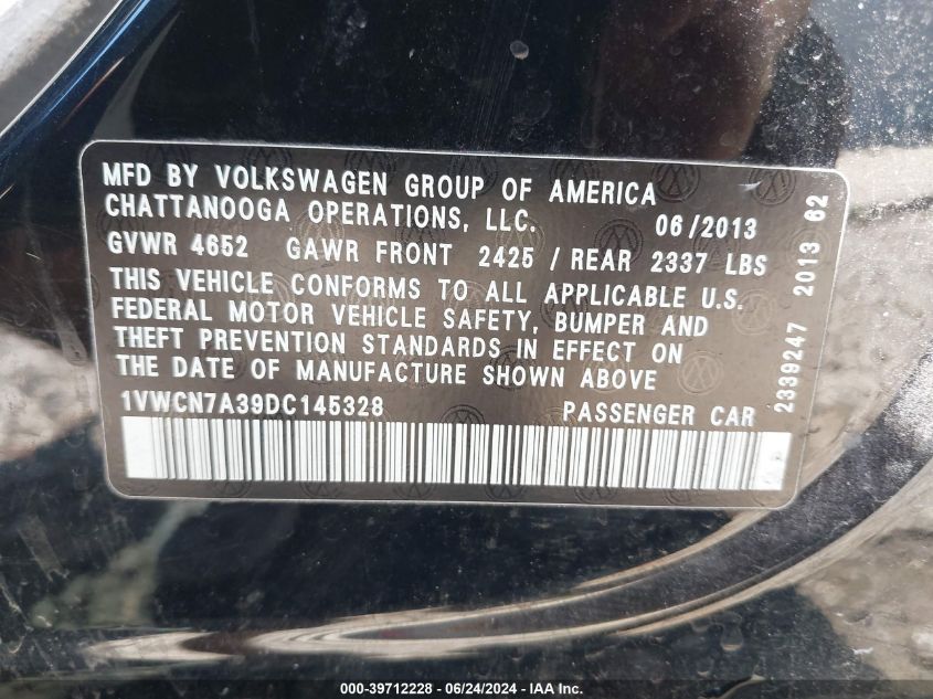 2013 Volkswagen Passat 2.0L Tdi Sel Premium VIN: 1VWCN7A39DC145328 Lot: 39712228