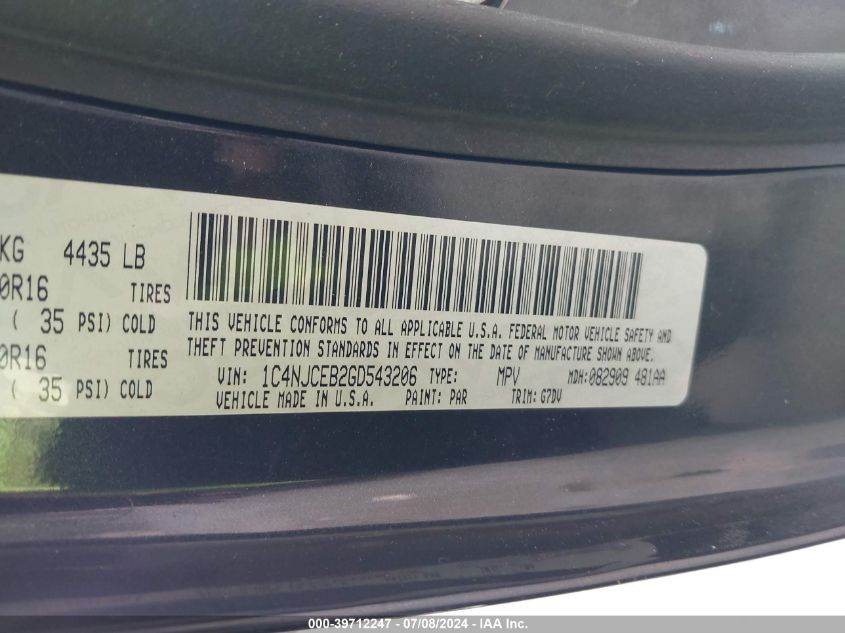 2016 Jeep Compass Latitude VIN: 1C4NJCEB2GD543206 Lot: 39712247