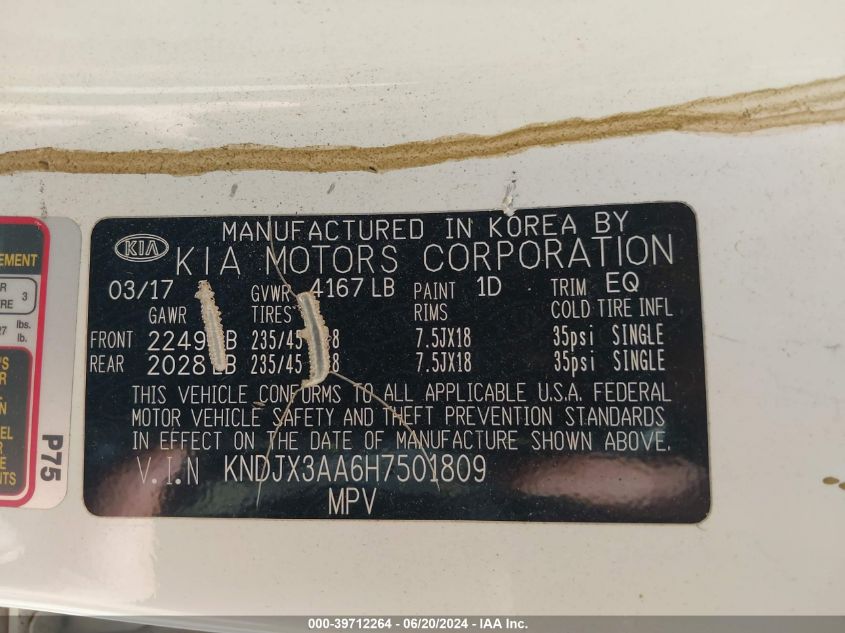 2017 Kia Soul ! VIN: KNDJX3AA6H7501809 Lot: 39712264
