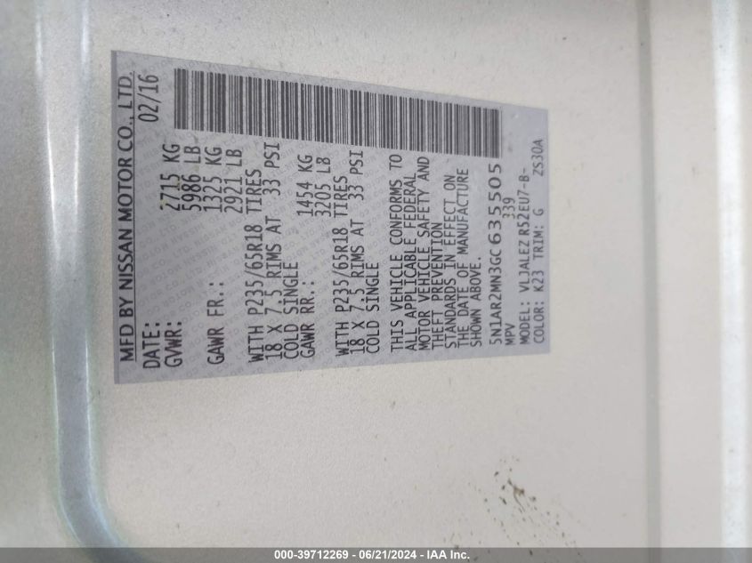 2016 Nissan Pathfinder Platinum/S/Sl/Sv VIN: 5N1AR2MN3GC635505 Lot: 39712269